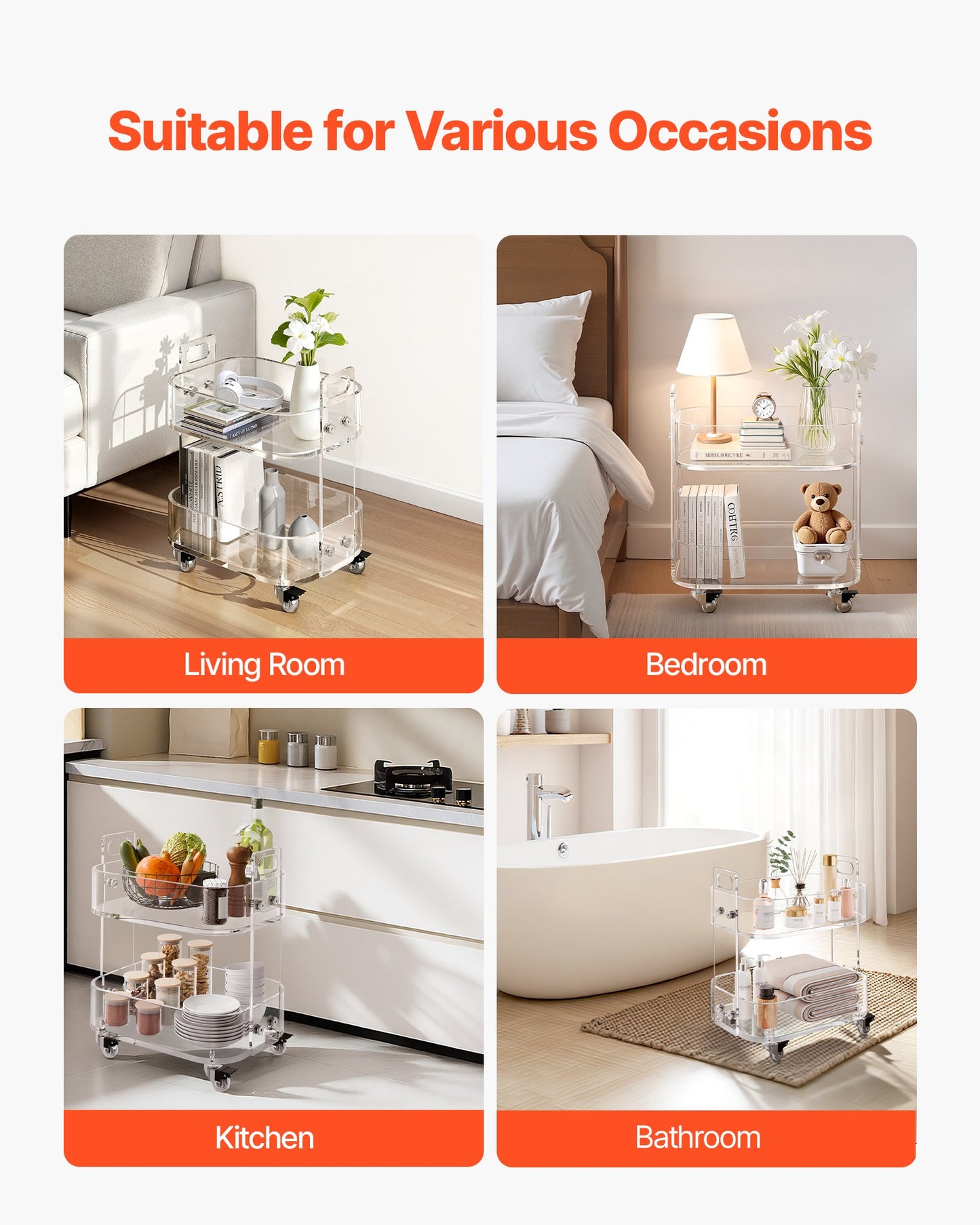 Acryltisch mit Rollen, 2-stöckiger mobiler Beistelltisch, moderner rollbarer Acryl-Schreibtisch mit Stauraum, transparenter Nachttisch/Beistelltisch, für Wohnzimmer, Schlafzimmer, Bar, Büro, 30,5 x 41,6 x 48 cm (transparent)