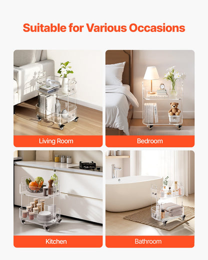 Acryltisch mit Rollen, 2-stöckiger mobiler Beistelltisch, moderner rollbarer Acryl-Schreibtisch mit Stauraum, transparenter Nachttisch/Beistelltisch, für Wohnzimmer, Schlafzimmer, Bar, Büro, 30,5 x 41,6 x 48 cm (transparent)