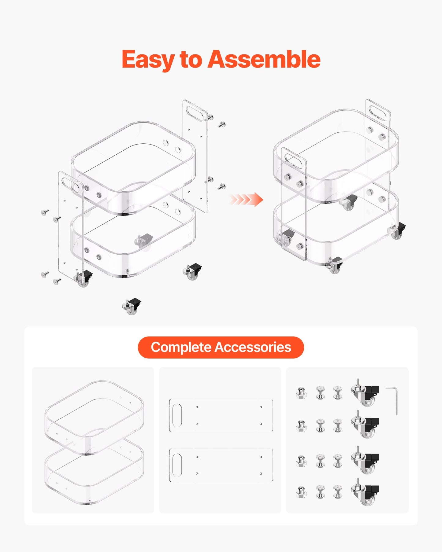 Acryltisch mit Rollen, 2-stöckiger mobiler Beistelltisch, moderner rollbarer Acryl-Schreibtisch mit Stauraum, transparenter Nachttisch/Beistelltisch, für Wohnzimmer, Schlafzimmer, Bar, Büro, 30,5 x 41,6 x 48 cm (transparent)