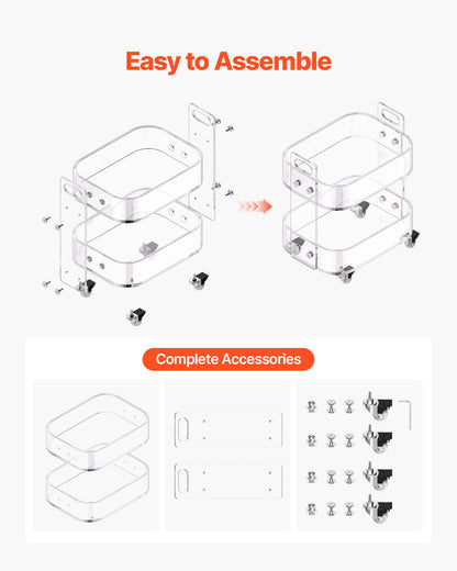 Acryltisch mit Rollen, 2-stöckiger mobiler Beistelltisch, moderner rollbarer Acryl-Schreibtisch mit Stauraum, transparenter Nachttisch/Beistelltisch, für Wohnzimmer, Schlafzimmer, Bar, Büro, 30,5 x 41,6 x 48 cm (transparent)