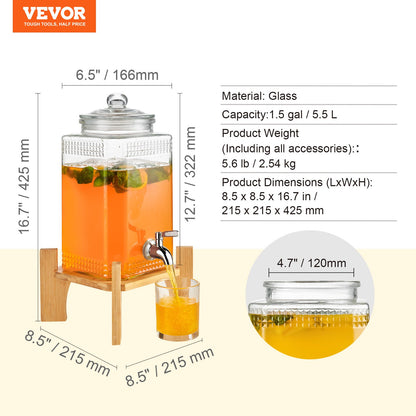Beverage Dispenser, 1.5 Gallon/5.5 L Drink Dispensers for Parties, Glass Juice Dispenser with Stand, Stainless Steel Spigot, Iced Tea Lemonade Juice Water Dispenser, for Restaurants, Hotels, Parties