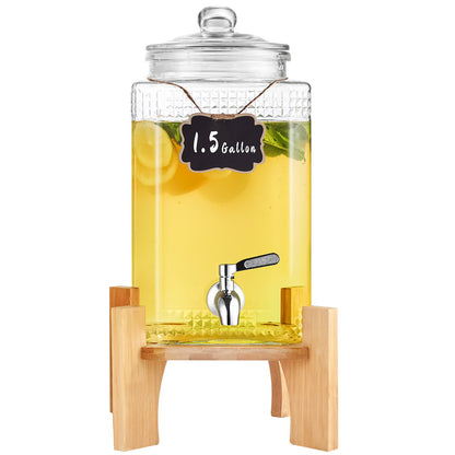 Beverage Dispenser, 1.5 Gallon/5.5 L Drink Dispensers for Parties, Glass Juice Dispenser with Stand, Stainless Steel Spigot, Iced Tea Lemonade Juice Water Dispenser, for Restaurants, Hotels, Parties