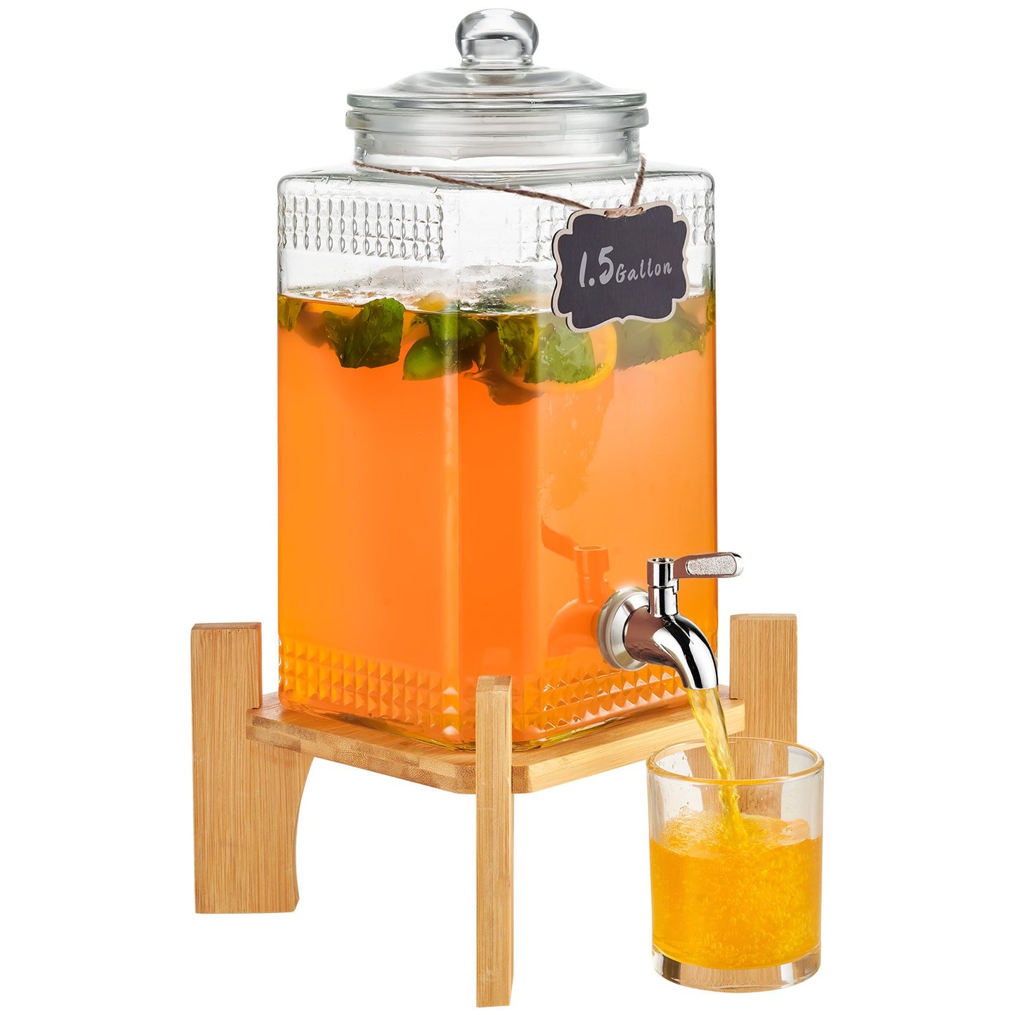 Beverage Dispenser, 1.5 Gallon/5.5 L Drink Dispensers for Parties, Glass Juice Dispenser with Stand, Stainless Steel Spigot, Iced Tea Lemonade Juice Water Dispenser, for Restaurants, Hotels, Parties