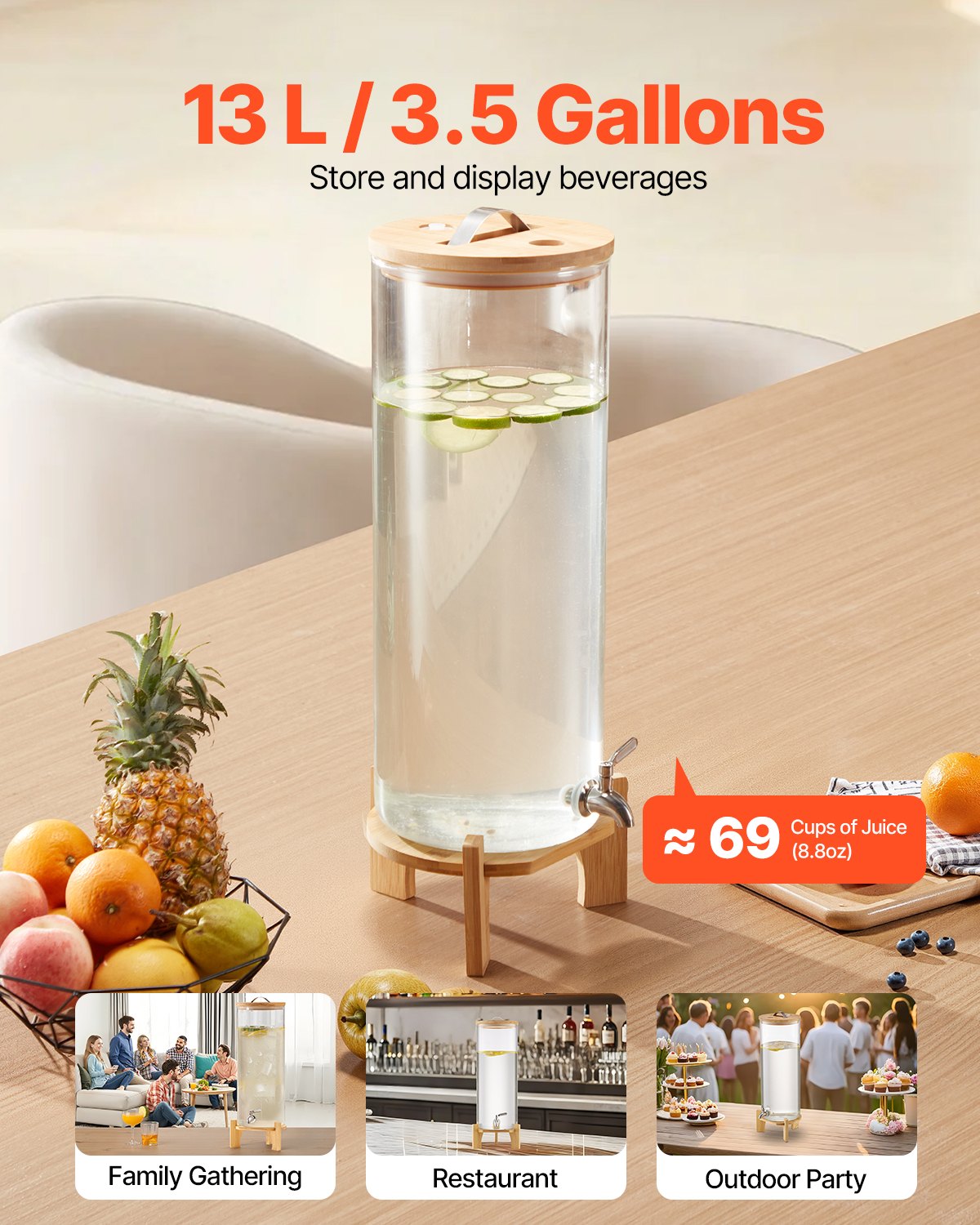 Getränkespender, 13-Liter-Getränkespender für Partys, Saftspender aus Glas mit Holzständer, Edelstahl-Zapfhahn, Eistee-, Limonaden-, Saft- und Wasserspender für Partys