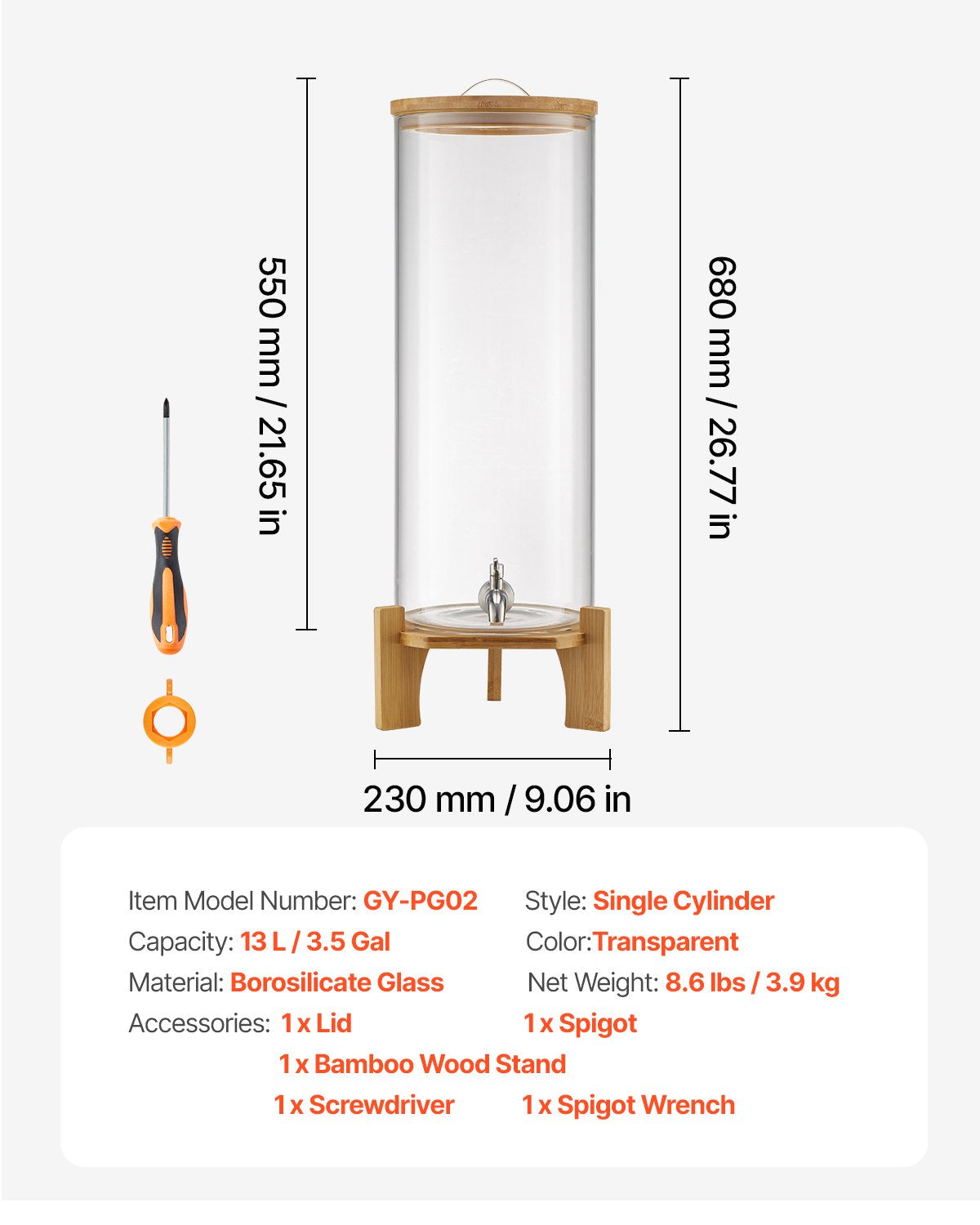 Getränkespender, 13-Liter-Getränkespender für Partys, Saftspender aus Glas mit Holzständer, Edelstahl-Zapfhahn, Eistee-, Limonaden-, Saft- und Wasserspender für Partys