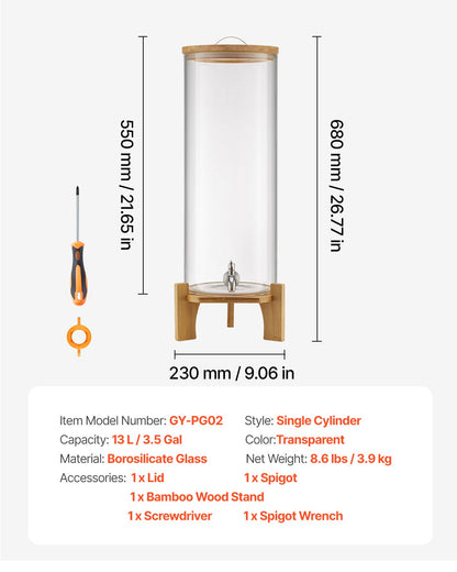 Getränkespender, 13-Liter-Getränkespender für Partys, Saftspender aus Glas mit Holzständer, Edelstahl-Zapfhahn, Eistee-, Limonaden-, Saft- und Wasserspender für Partys