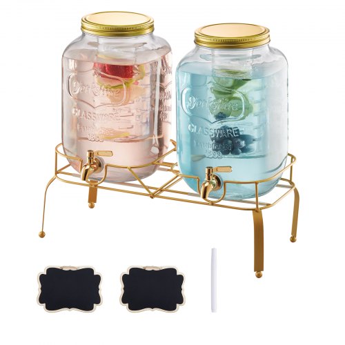 Getränkespender, 2er-Pack 8-Liter-Getränkespender für Partys, Saftspender aus Glas mit Metallständer, Edelstahl-Zapfhahn, Siebeinsatz, Eistee-, Limonaden-, Saft- und Wasserspender für Partys