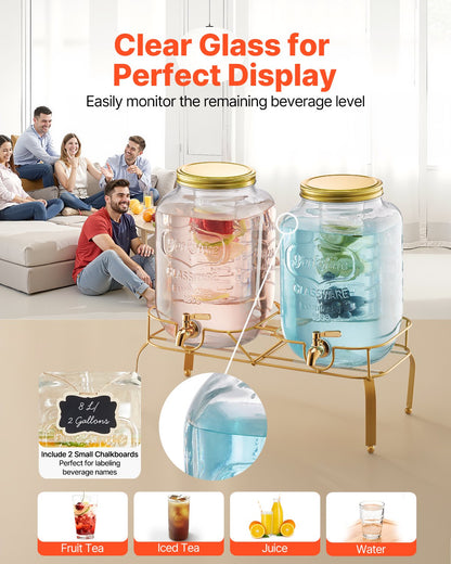 Getränkespender, 2er-Pack 8-Liter-Getränkespender für Partys, Saftspender aus Glas mit Metallständer, Edelstahl-Zapfhahn, Siebeinsatz, Eistee-, Limonaden-, Saft- und Wasserspender für Partys