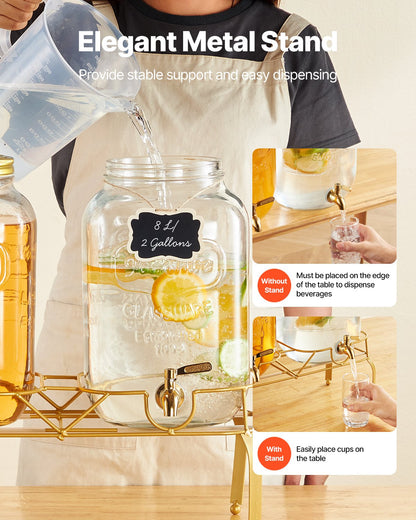 Getränkespender, 2er-Pack 8-Liter-Getränkespender für Partys, Saftspender aus Glas mit Metallständer, Edelstahl-Zapfhahn, Siebeinsatz, Eistee-, Limonaden-, Saft- und Wasserspender für Partys