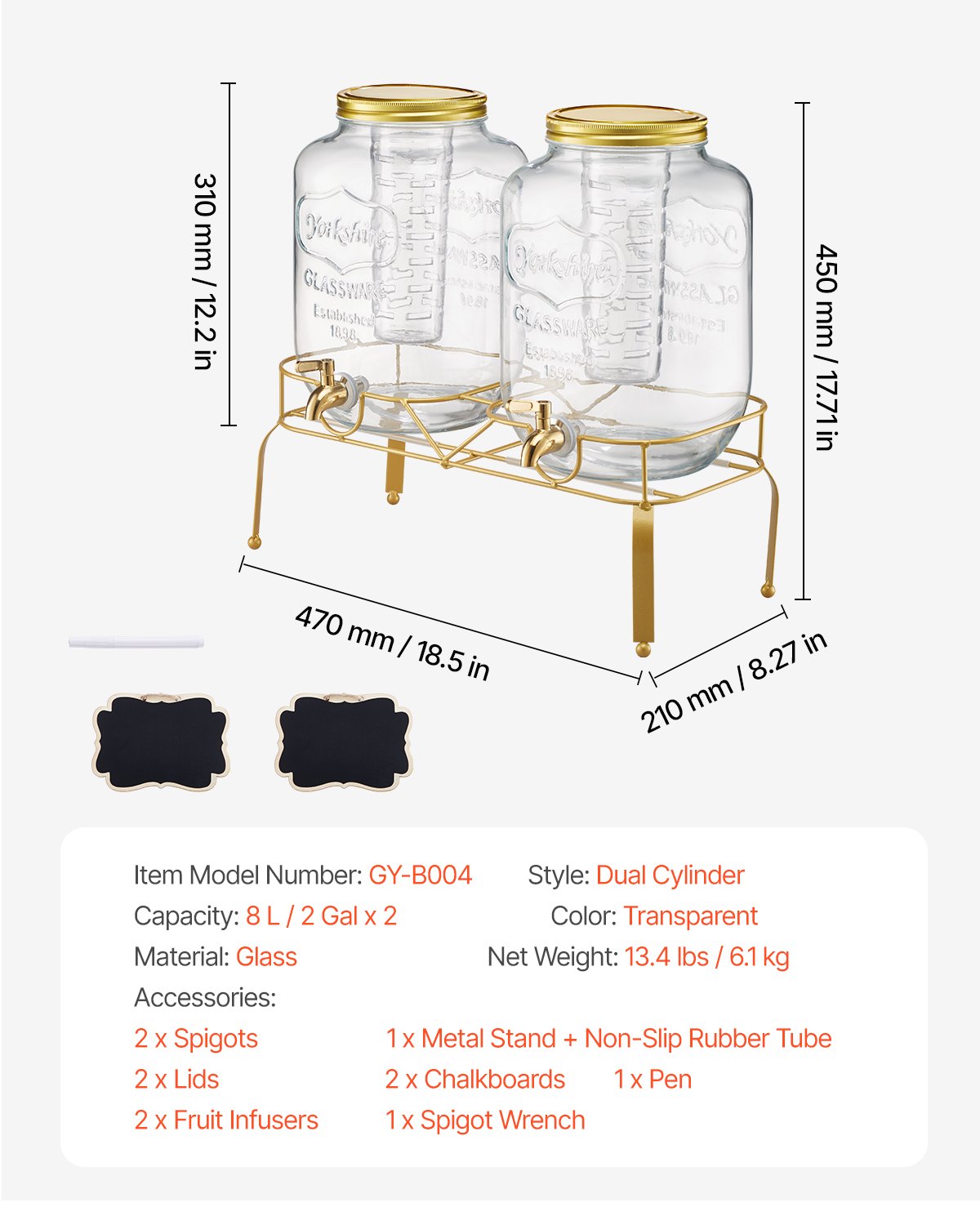 Getränkespender, 2er-Pack 8-Liter-Getränkespender für Partys, Saftspender aus Glas mit Metallständer, Edelstahl-Zapfhahn, Siebeinsatz, Eistee-, Limonaden-, Saft- und Wasserspender für Partys