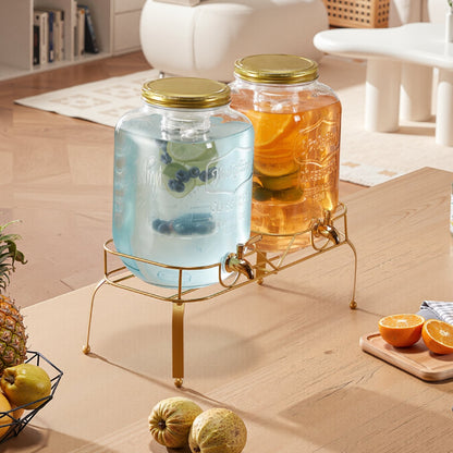Getränkespender, 2er-Pack 8-Liter-Getränkespender für Partys, Saftspender aus Glas mit Metallständer, Edelstahl-Zapfhahn, Siebeinsatz, Eistee-, Limonaden-, Saft- und Wasserspender für Partys