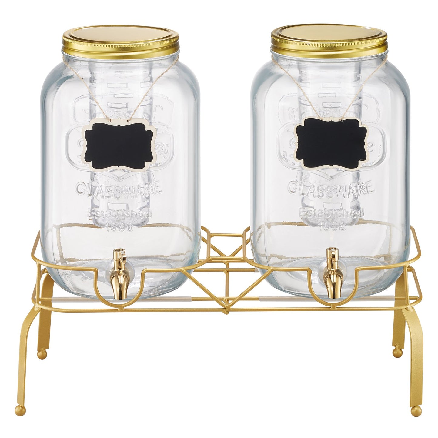 Getränkespender, 2er-Pack 8-Liter-Getränkespender für Partys, Saftspender aus Glas mit Metallständer, Edelstahl-Zapfhahn, Siebeinsatz, Eistee-, Limonaden-, Saft- und Wasserspender für Partys