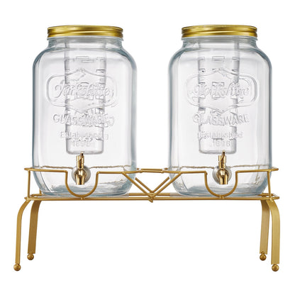 Getränkespender, 2er-Pack 8-Liter-Getränkespender für Partys, Saftspender aus Glas mit Metallständer, Edelstahl-Zapfhahn, Siebeinsatz, Eistee-, Limonaden-, Saft- und Wasserspender für Partys