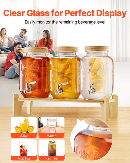 Getränkespender, 3er-Pack 3,8-Liter-Getränkespender für Partys, Saftspender aus Glas mit Holzständer, Edelstahl-Zapfhahn, Siebeinsatz, Eistee-, Limonaden-, Saft- und Wasserspender für Partys