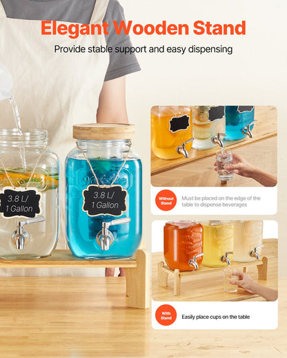 Getränkespender, 3er-Pack 3,8-Liter-Getränkespender für Partys, Saftspender aus Glas mit Holzständer, Edelstahl-Zapfhahn, Siebeinsatz, Eistee-, Limonaden-, Saft- und Wasserspender für Partys