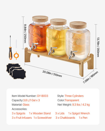 Getränkespender, 3er-Pack 3,8-Liter-Getränkespender für Partys, Saftspender aus Glas mit Holzständer, Edelstahl-Zapfhahn, Siebeinsatz, Eistee-, Limonaden-, Saft- und Wasserspender für Partys