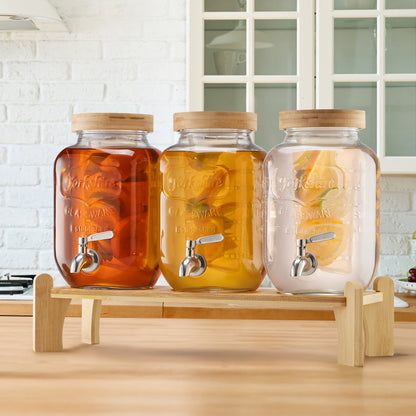 Getränkespender, 3er-Pack 3,8-Liter-Getränkespender für Partys, Saftspender aus Glas mit Holzständer, Edelstahl-Zapfhahn, Siebeinsatz, Eistee-, Limonaden-, Saft- und Wasserspender für Partys