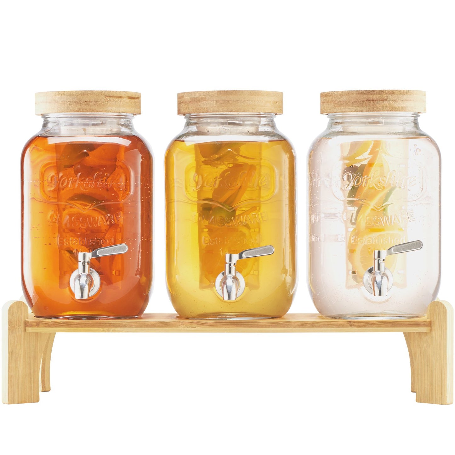 Getränkespender, 3er-Pack 3,8-Liter-Getränkespender für Partys, Saftspender aus Glas mit Holzständer, Edelstahl-Zapfhahn, Siebeinsatz, Eistee-, Limonaden-, Saft- und Wasserspender für Partys