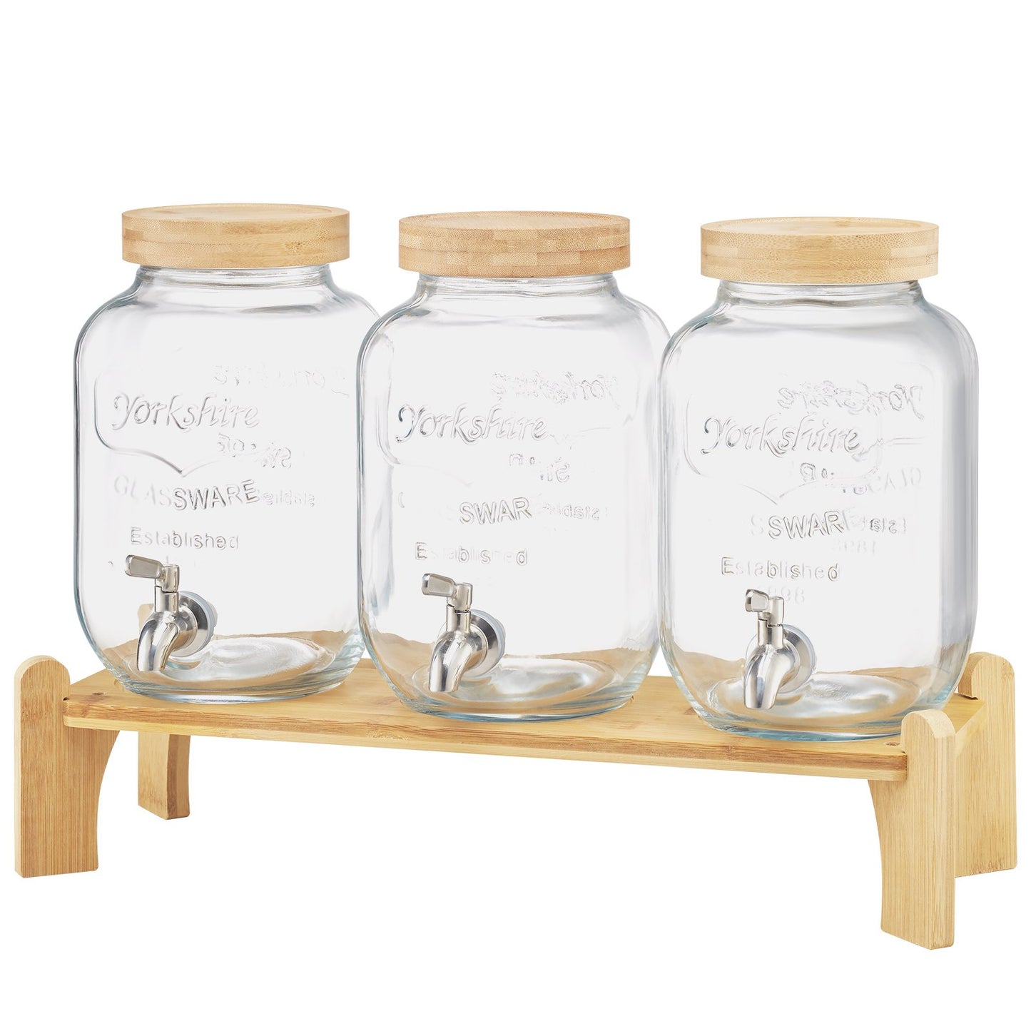 Getränkespender, 3er-Pack 3,8-Liter-Getränkespender für Partys, Saftspender aus Glas mit Holzständer, Edelstahl-Zapfhahn, Siebeinsatz, Eistee-, Limonaden-, Saft- und Wasserspender für Partys