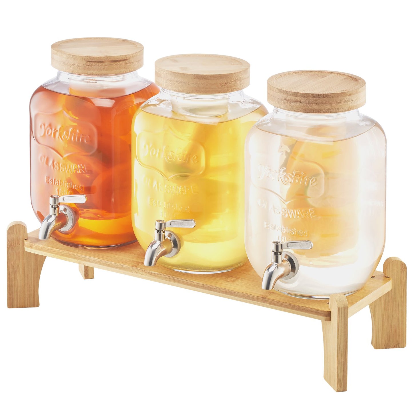 Getränkespender, 3er-Pack 3,8-Liter-Getränkespender für Partys, Saftspender aus Glas mit Holzständer, Edelstahl-Zapfhahn, Siebeinsatz, Eistee-, Limonaden-, Saft- und Wasserspender für Partys