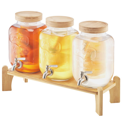 Getränkespender, 3er-Pack 3,8-Liter-Getränkespender für Partys, Saftspender aus Glas mit Holzständer, Edelstahl-Zapfhahn, Siebeinsatz, Eistee-, Limonaden-, Saft- und Wasserspender für Partys