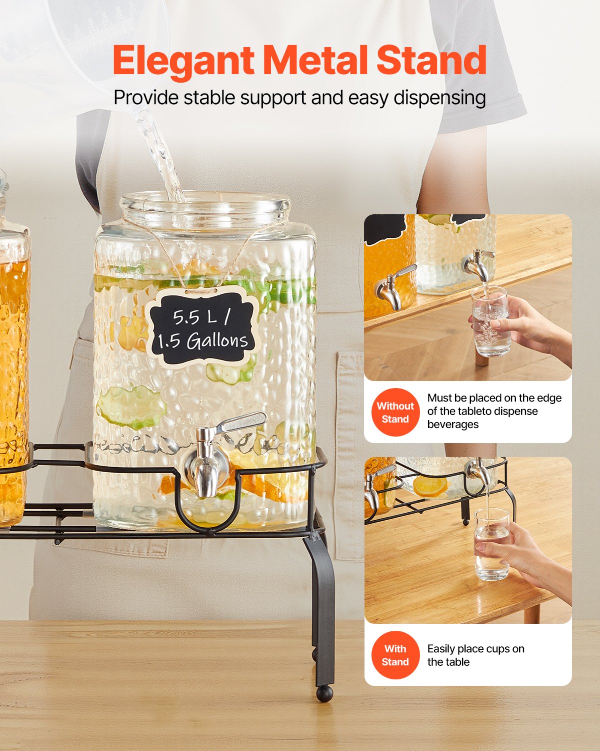 Getränkespender, 2er-Pack 5,5-Liter-Getränkespender für Partys, Saftspender aus Glas mit Metallständer, Edelstahl-Zapfhahn, Eistee-, Limonaden-, Saft- und Wasserspender für Partys