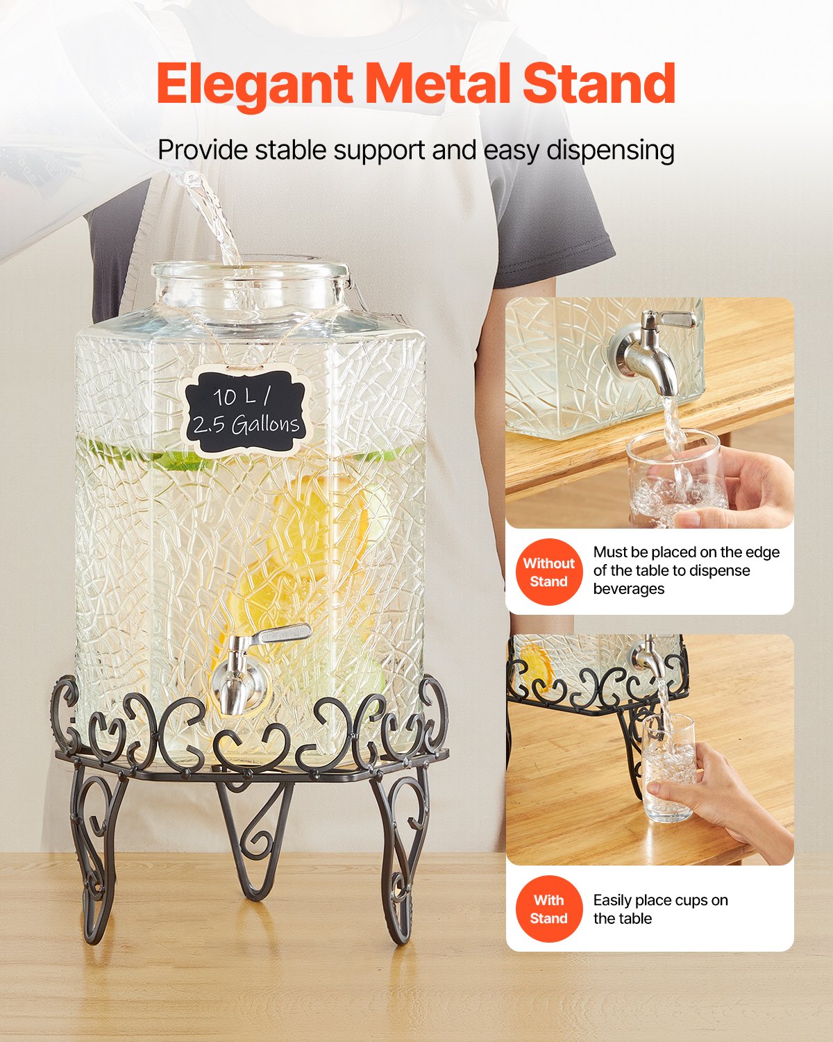 Getränkespender, 10-Liter-Getränkespender für Partys, Saftspender aus Glas mit Metallständer, Edelstahl-Zapfhahn, Eistee-, Limonaden-, Saft- und Wasserspender für Partys