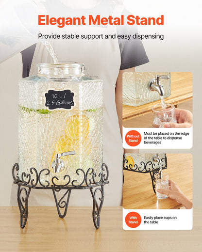 Getränkespender, 10-Liter-Getränkespender für Partys, Saftspender aus Glas mit Metallständer, Edelstahl-Zapfhahn, Eistee-, Limonaden-, Saft- und Wasserspender für Partys