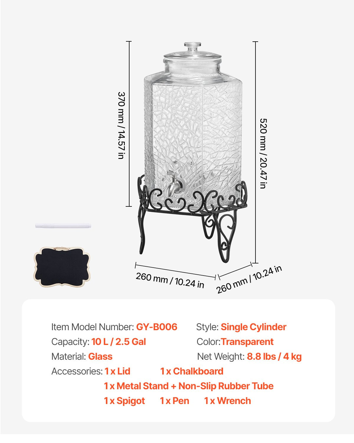Getränkespender, 10-Liter-Getränkespender für Partys, Saftspender aus Glas mit Metallständer, Edelstahl-Zapfhahn, Eistee-, Limonaden-, Saft- und Wasserspender für Partys
