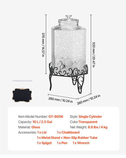 Getränkespender, 10-Liter-Getränkespender für Partys, Saftspender aus Glas mit Metallständer, Edelstahl-Zapfhahn, Eistee-, Limonaden-, Saft- und Wasserspender für Partys