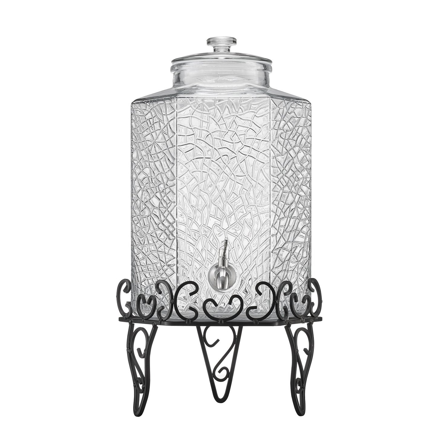 Getränkespender, 10-Liter-Getränkespender für Partys, Saftspender aus Glas mit Metallständer, Edelstahl-Zapfhahn, Eistee-, Limonaden-, Saft- und Wasserspender für Partys