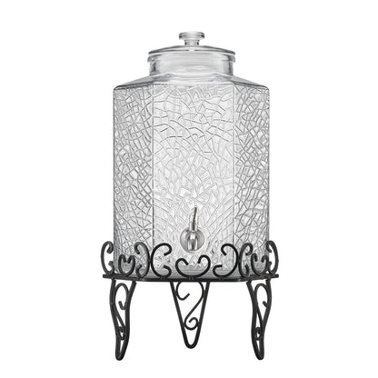 Getränkespender, 10-Liter-Getränkespender für Partys, Saftspender aus Glas mit Metallständer, Edelstahl-Zapfhahn, Eistee-, Limonaden-, Saft- und Wasserspender für Partys