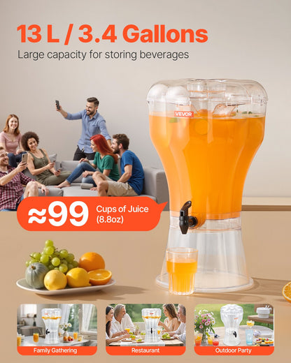 Getränkespender, 13-Liter-Getränkespender für Partys, Saftspender aus Kunststoff mit tropffreiem Zapfhahn, Spender für Eistee, Limonade, Saft und Wasser, für Restaurants, Hotels und Partys