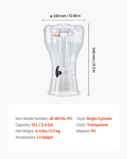 Getränkespender, 13-Liter-Getränkespender für Partys, Saftspender aus Kunststoff mit tropffreiem Zapfhahn, Spender für Eistee, Limonade, Saft und Wasser, für Restaurants, Hotels und Partys