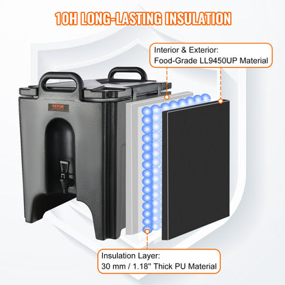 Isolierter Getränkespender, 37,9 l, lebensmittelecht, LL9450UP, Heiß- und Kaltgetränkespender, Thermoskanne mit 3 cm PU-beschichtetem Zweistufen-Zapfhahn, für Gastronomiebetriebe