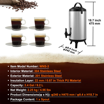 Isolierter Getränkespender aus Edelstahl, 9,2 Liter (2,4 Gallonen), Thermoskanne für heiße und kalte Getränke mit Zapfhahn, lebensmittelecht, für Tee, Kaffee und Wasser, ideal für Restaurants und Getränkeläden.