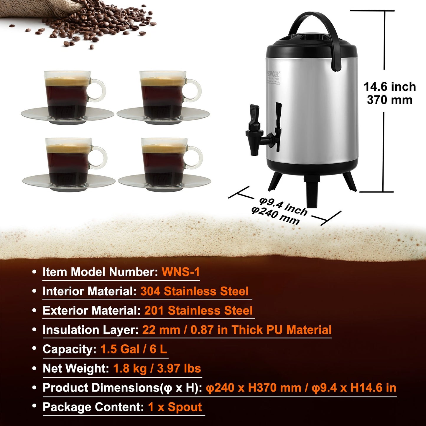 Isolierter Getränkespender aus Edelstahl, 6 Liter (1,5 Gallonen), Thermoskanne für heiße und kalte Getränke mit Zapfhahn, lebensmittelecht, für Tee, Kaffee und Wasser in Restaurants und Getränkeläden