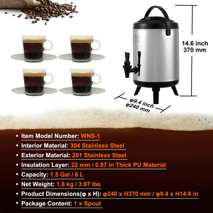 Isolierter Getränkespender aus Edelstahl, 6 Liter (1,5 Gallonen), Thermoskanne für heiße und kalte Getränke mit Zapfhahn, lebensmittelecht, für Tee, Kaffee und Wasser in Restaurants und Getränkeläden