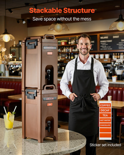 Insulated Beverage Dispenser, 5 Gal/19L Hot and Cold Beverage Server with Spigot & Handle, Food-Grade Thermal Drink Dispenser Cooler for Tea Coffee Water in Cafes & Restaurants, Brown
