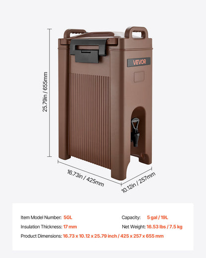 Insulated Beverage Dispenser, 5 Gal/19L Hot and Cold Beverage Server with Spigot & Handle, Food-Grade Thermal Drink Dispenser Cooler for Tea Coffee Water in Cafes & Restaurants, Brown