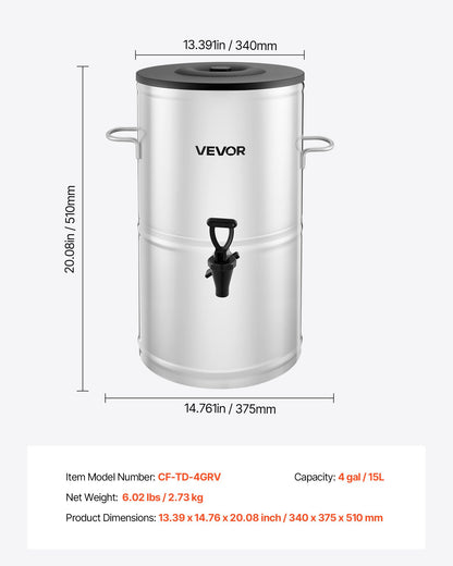 Ice Tea Dispenser, 4 Gal/15L 304 Stainless Steel Beverage Dispenser with Spigot & Handle, Suitable for Hot and Cold Drinks, for Iced Tea Coffee Water in Cafes & Restaurants