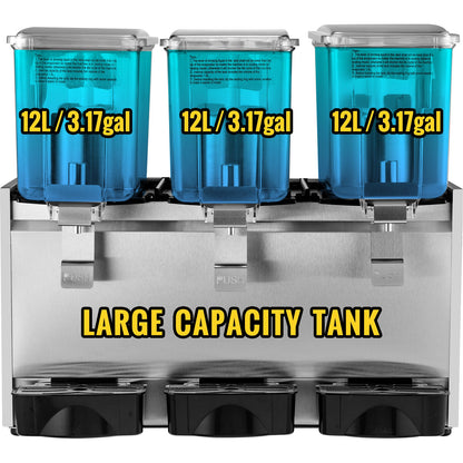 Gewerblicher Kaltgetränkespender aus Edelstahl, Fruchtsaftspender mit 3 Tanks (36,3 l), Eistee-Getränkespender mit Thermostatregler