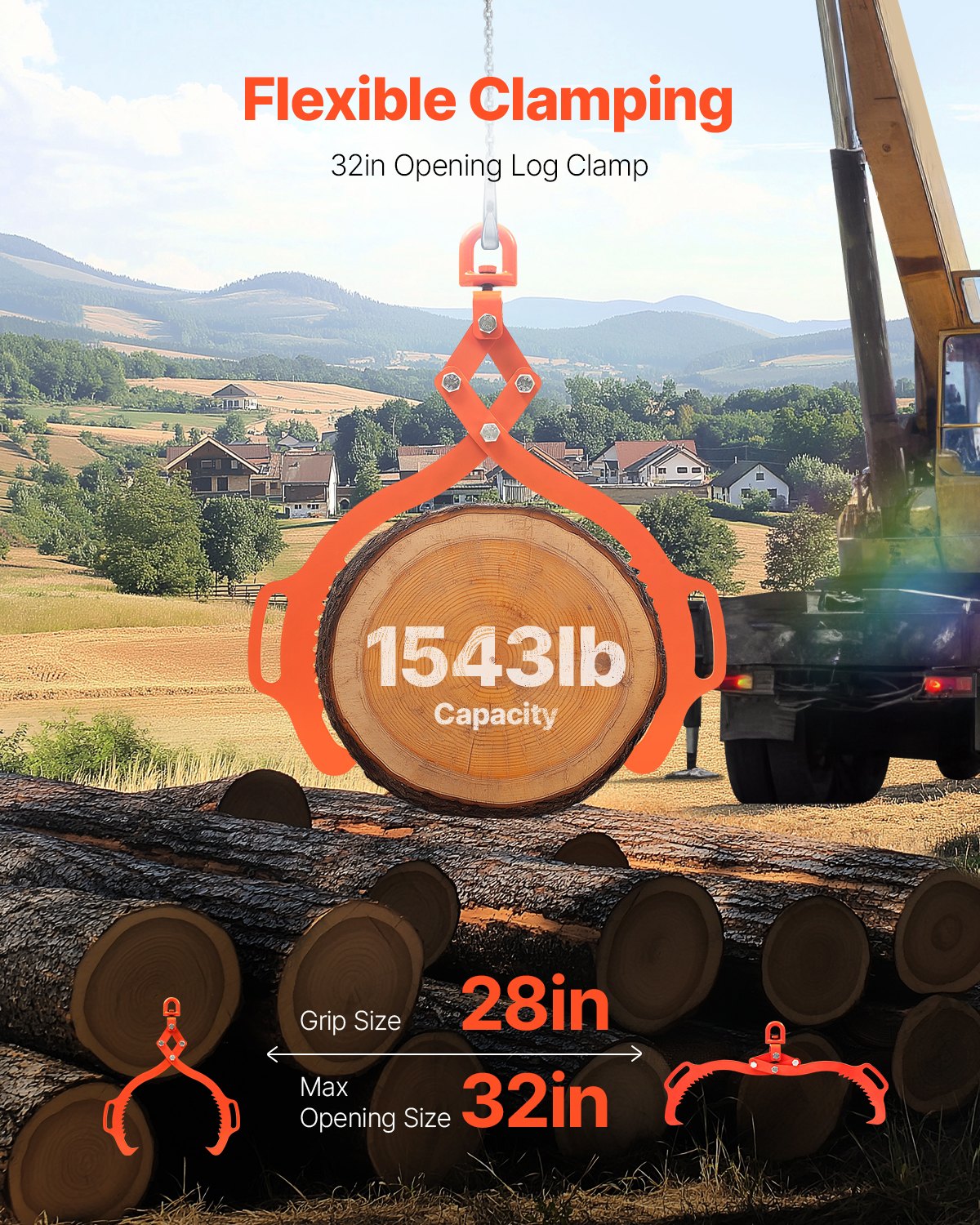 32in Log Lifting Tongs, 2-Claw Log Tongs, Heavy Duty Steel Log Grapple, 1543LBS Lifting Capacity, Swivel Log Graper Timber, Eagle Claw Design, Log Skidding Tongs for Trucks, Tractors, Forklifts