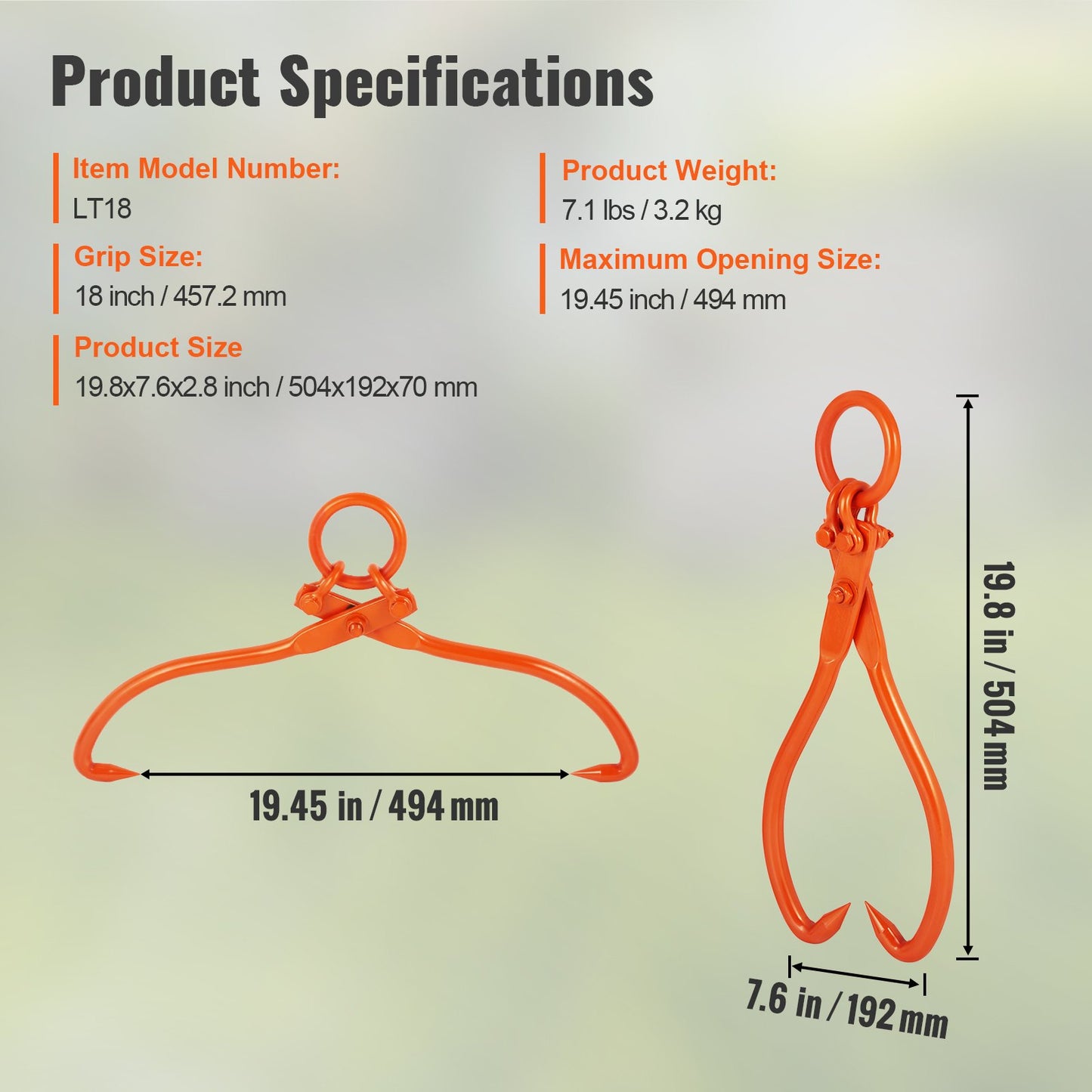 Holzrückezange, 45,7 cm (18 Zoll), 2-Klauen-Hebezange, robuste Stahl-Rückezange für Holz, Tragfähigkeit 350 kg (772 lbs), Werkzeug zum Heben, Handhaben, Ziehen und Tragen von Stämmen