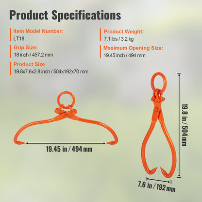 Holzrückezange, 45,7 cm (18 Zoll), 2-Klauen-Hebezange, robuste Stahl-Rückezange für Holz, Tragfähigkeit 350 kg (772 lbs), Werkzeug zum Heben, Handhaben, Ziehen und Tragen von Stämmen
