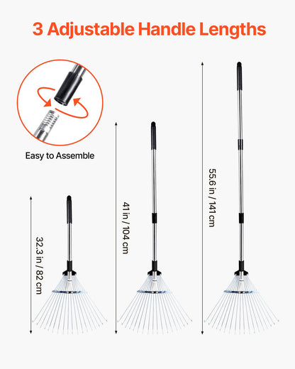 Laubharken, 18 Metallzinken, verstellbarer Gartenharken für Rasenflächen mit 19,5–43,5 cm breitem Kopf und 82–141 cm langem Stiel, robustes Werkzeug aus Edelstahl für kleine Blätter, geeignet für Gartenarbeit, Camping, Hof und Rasen
