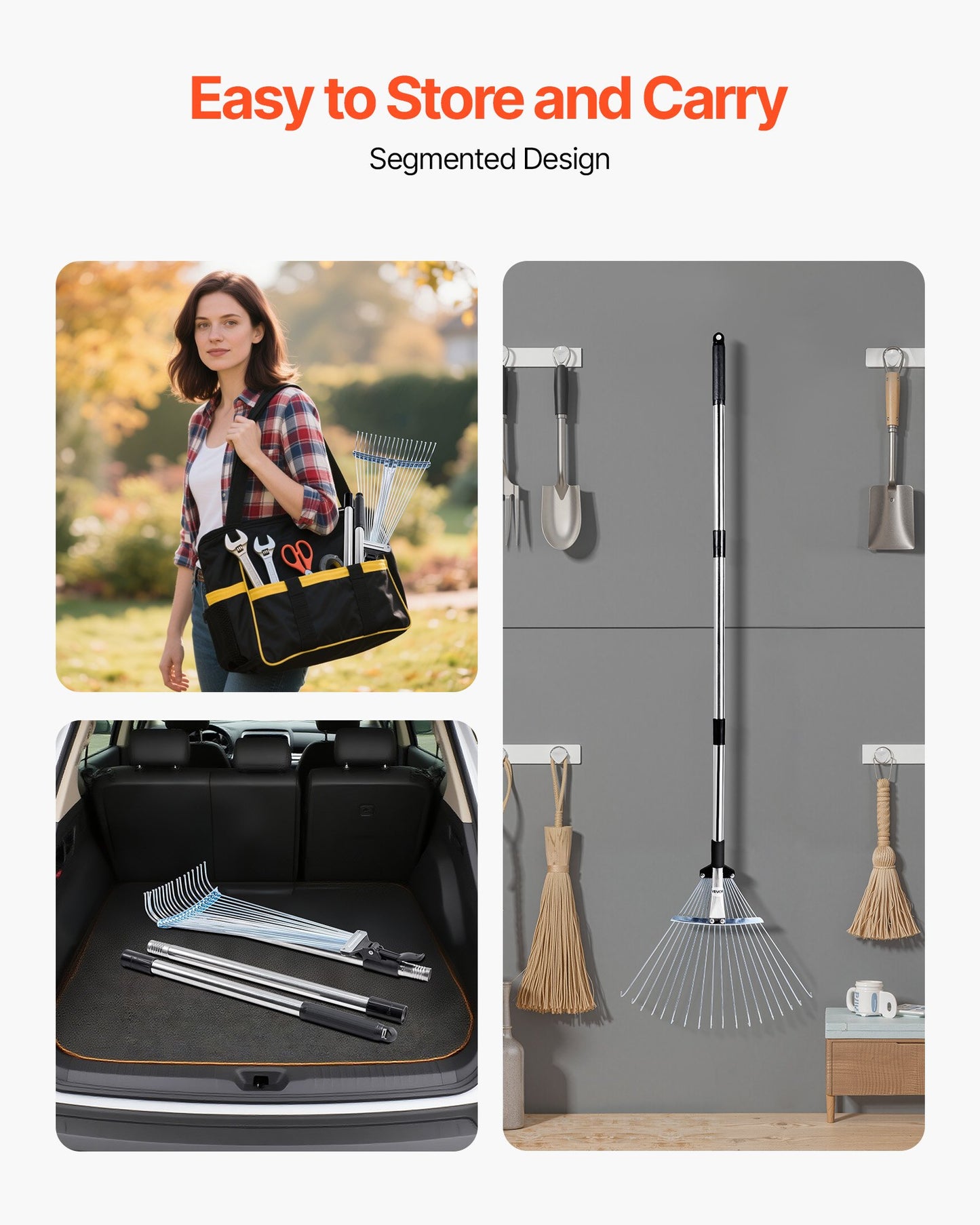 Laubharken, 18 Metallzinken, verstellbarer Gartenharken für Rasenflächen mit 19,5–43,5 cm breitem Kopf und 82–141 cm langem Stiel, robustes Werkzeug aus Edelstahl für kleine Blätter, geeignet für Gartenarbeit, Camping, Hof und Rasen