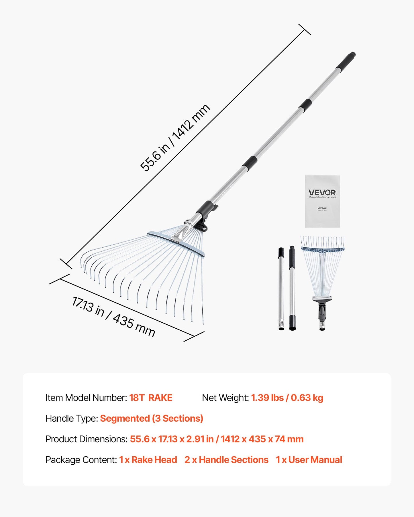 Laubharken, 18 Metallzinken, verstellbarer Gartenharken für Rasenflächen mit 19,5–43,5 cm breitem Kopf und 82–141 cm langem Stiel, robustes Werkzeug aus Edelstahl für kleine Blätter, geeignet für Gartenarbeit, Camping, Hof und Rasen