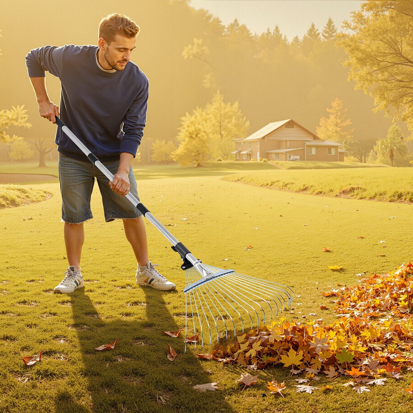 Laubharken, 18 Metallzinken, verstellbarer Gartenharken für Rasenflächen mit 19,5–43,5 cm breitem Kopf und 82–141 cm langem Stiel, robustes Werkzeug aus Edelstahl für kleine Blätter, geeignet für Gartenarbeit, Camping, Hof und Rasen