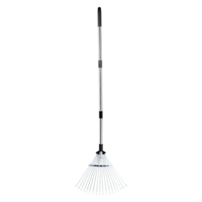 Laubharken, 18 Metallzinken, verstellbarer Gartenharken für Rasenflächen mit 19,5–43,5 cm breitem Kopf und 82–141 cm langem Stiel, robustes Werkzeug aus Edelstahl für kleine Blätter, geeignet für Gartenarbeit, Camping, Hof und Rasen